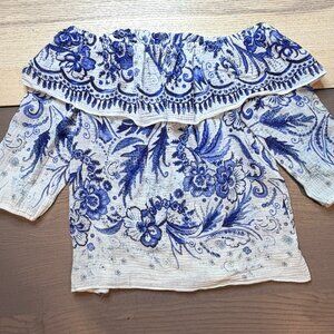 Bailey 44 Women Top XS Farmers Market Vintage Blue Floral Off shoulder